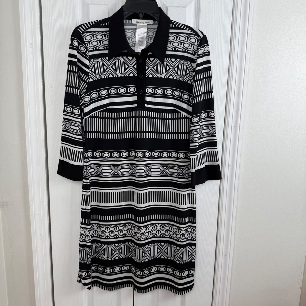 Laundry by Design Black White Geometric Print Polo Shift Dress Womens Small